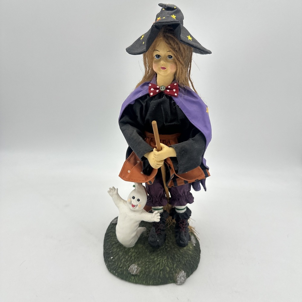 Halloween Witch w/ Ghost, Pumpkin, Fabric Mache, Purple Cape Table Decor 14"‎